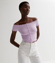 New Look Lilac Ribbed Jersey Frill Button Front Bardot Crop Top